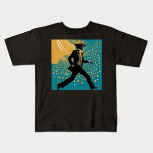 Vintage - 60s-70s style disco dance, stylish dancer in hat and suit among twinkling Safit lights, design illustration. Kids T-Shirt